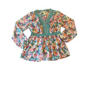 Matilda Jane Floral Long-Sleeve Tunic Top With Crochet Lace Trim Large